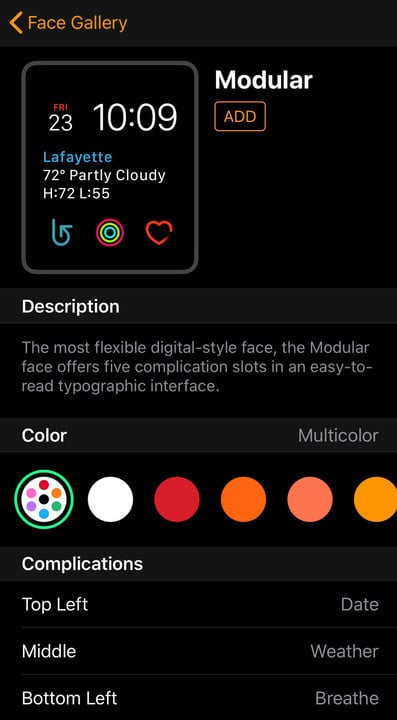 Setting complications is simple with the app. You'll also see a preview of what the face will look like.
